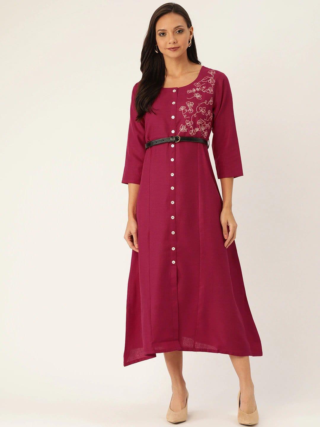 Magenta Embroidered Detail A-Line Dress - Indiakreations