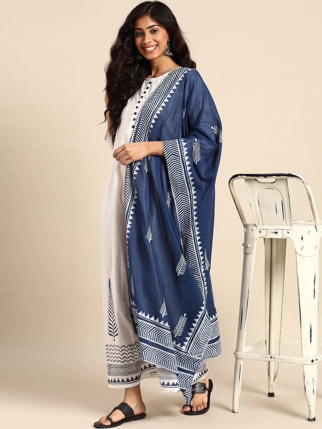 White Printed Maxi Dress With Dupatta - Indiakreations