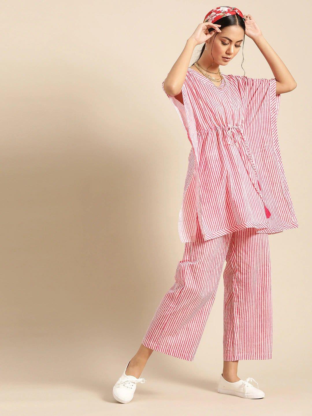 Pink & White Pure Cotton Striped Tunic with Palazzos - Indiakreations