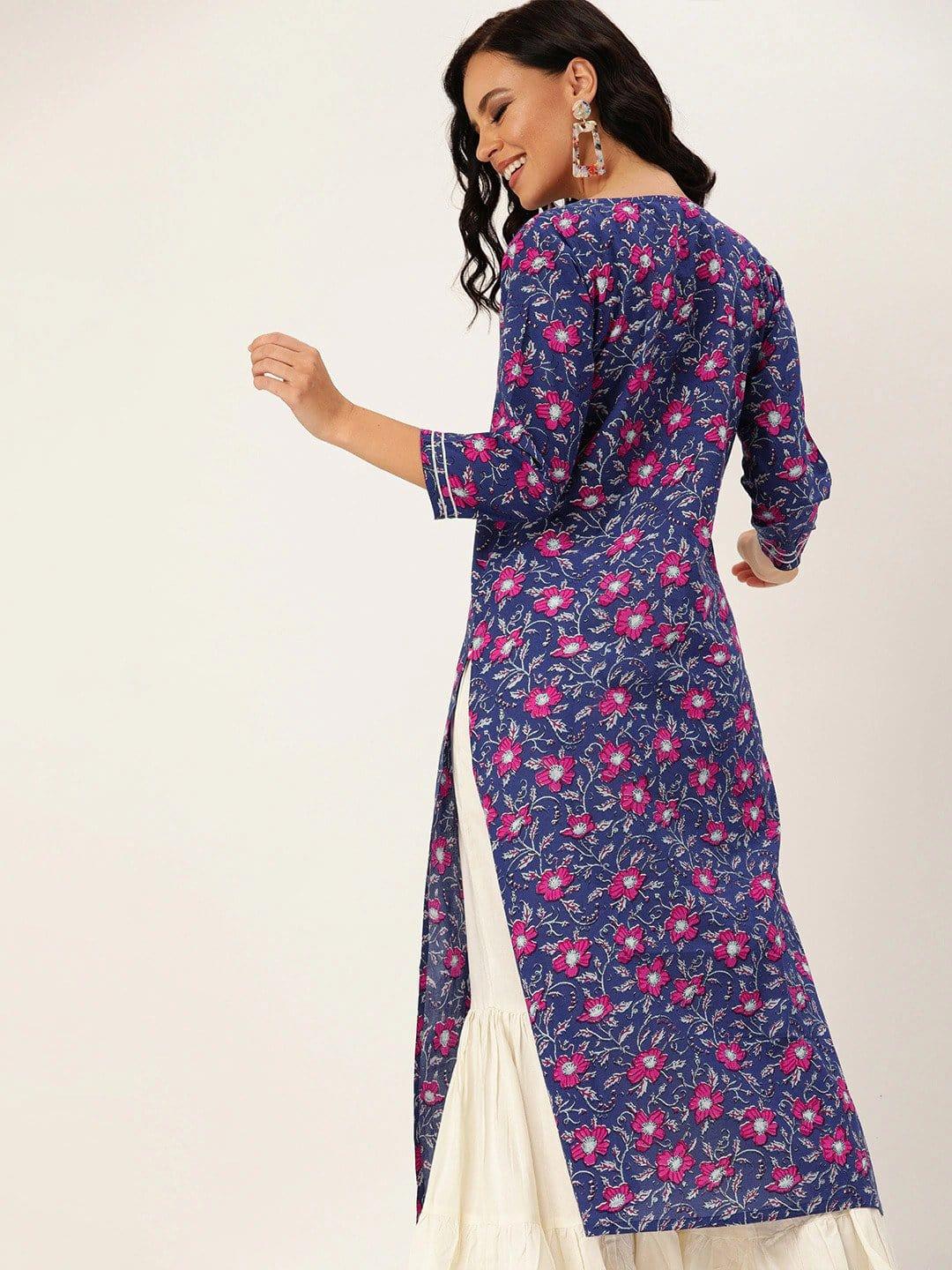 Navy Blue & Pink Floral Printed Straight Kurta - Indiakreations