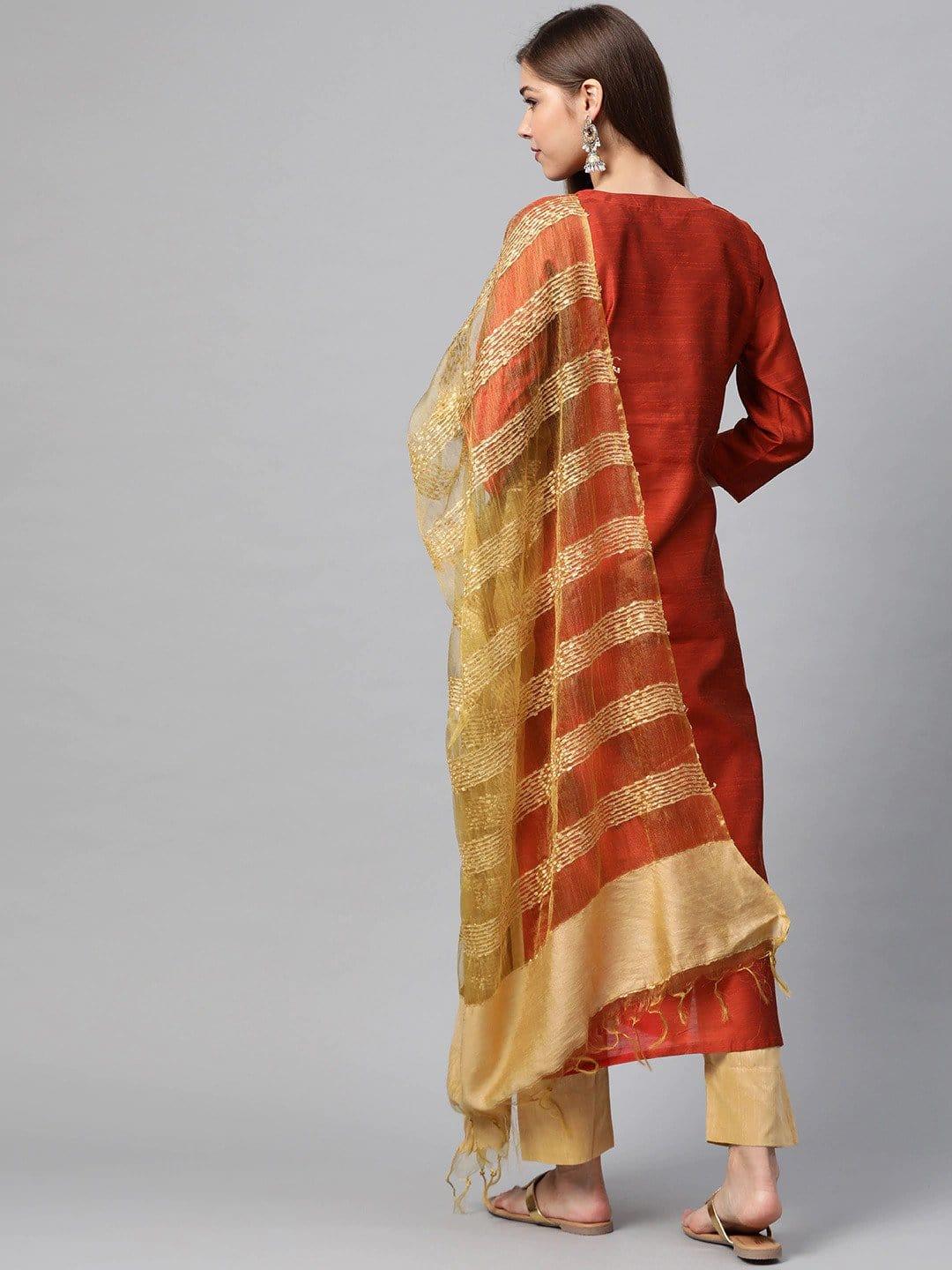 Rust Orange & Golden Embroidered Kurta with Trousers & Dupatta - Indiakreations