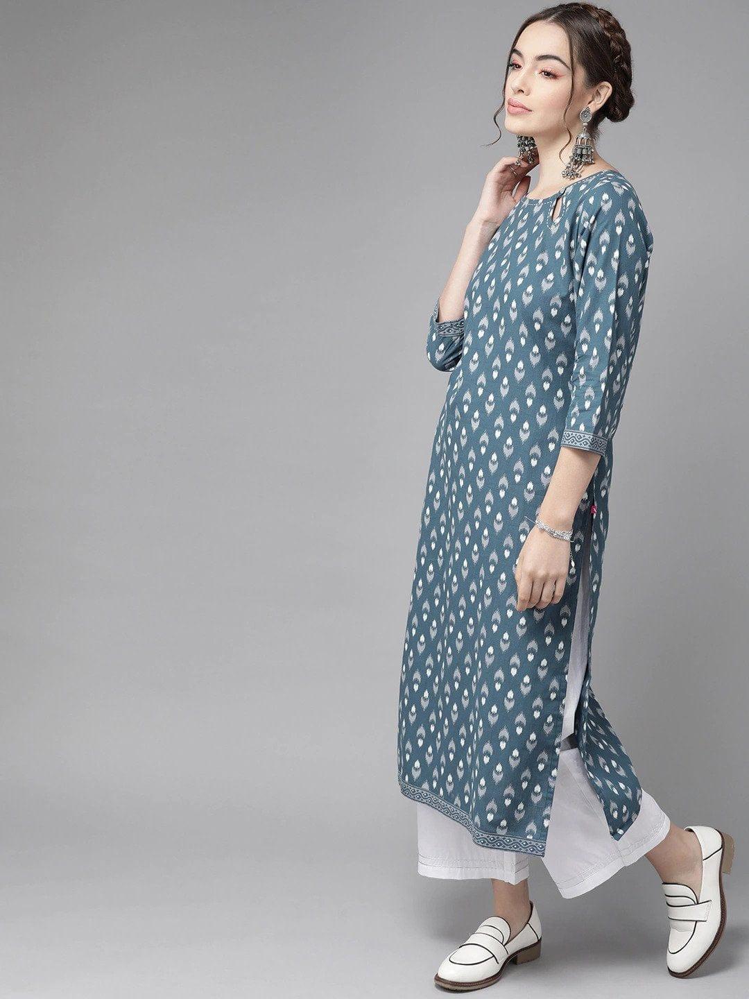 Blue Ethnic Motifs Printed Kurta with Trousers - Indiakreations