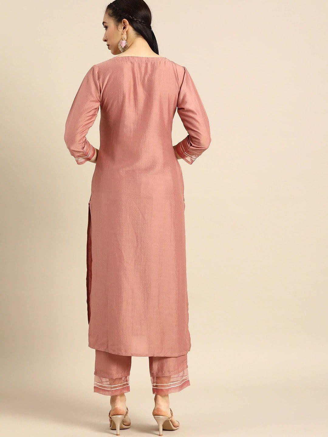 Rose & Silver-Toned Embroidered Kurta Set - Indiakreations