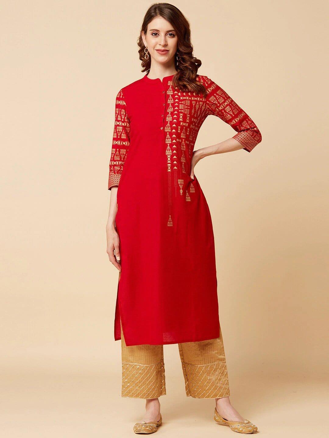 Maroon Geometric Yoke Design Thread Work Kurta - Indiakreations