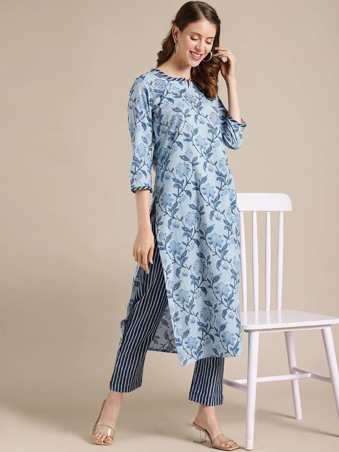 Blue Floral Printed Kurta with Trousers - Indiakreations