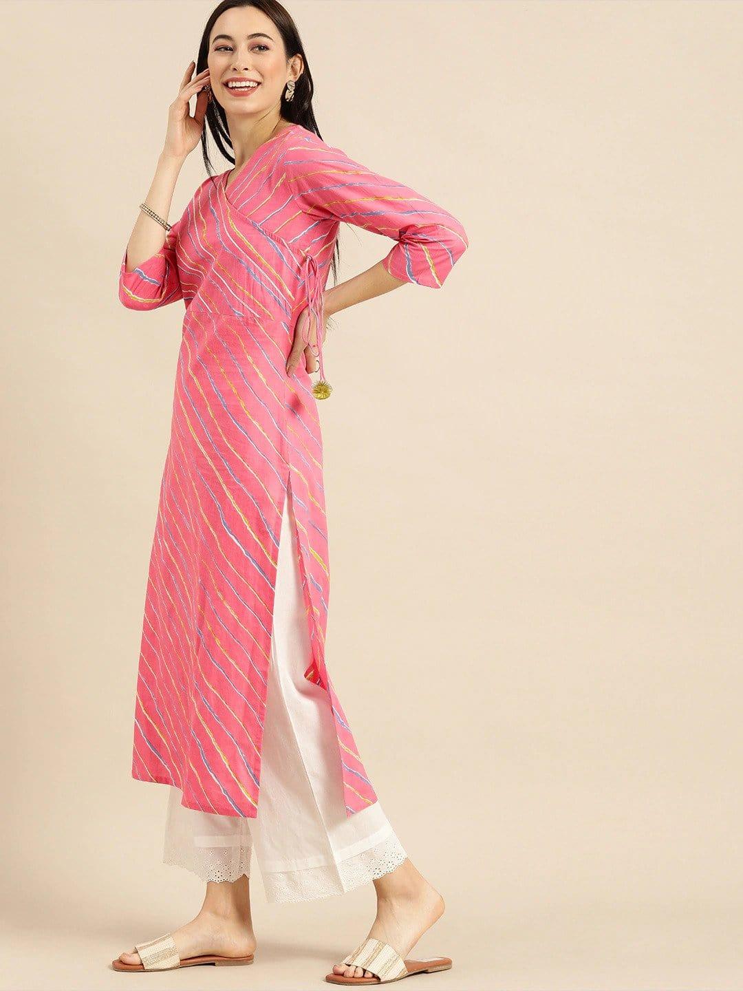 Pink & Blue Leheriya Printed Kurta - Indiakreations