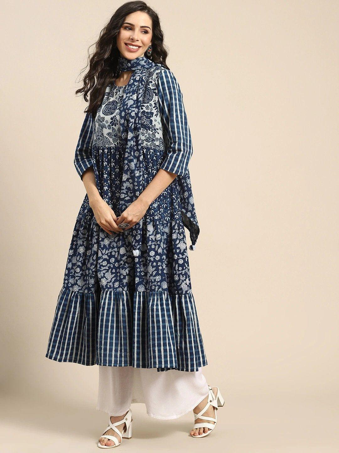 Navy Blue & White Ethnic Motifs Printed Cotton Block Print Anarkali Kurta - Indiakreations