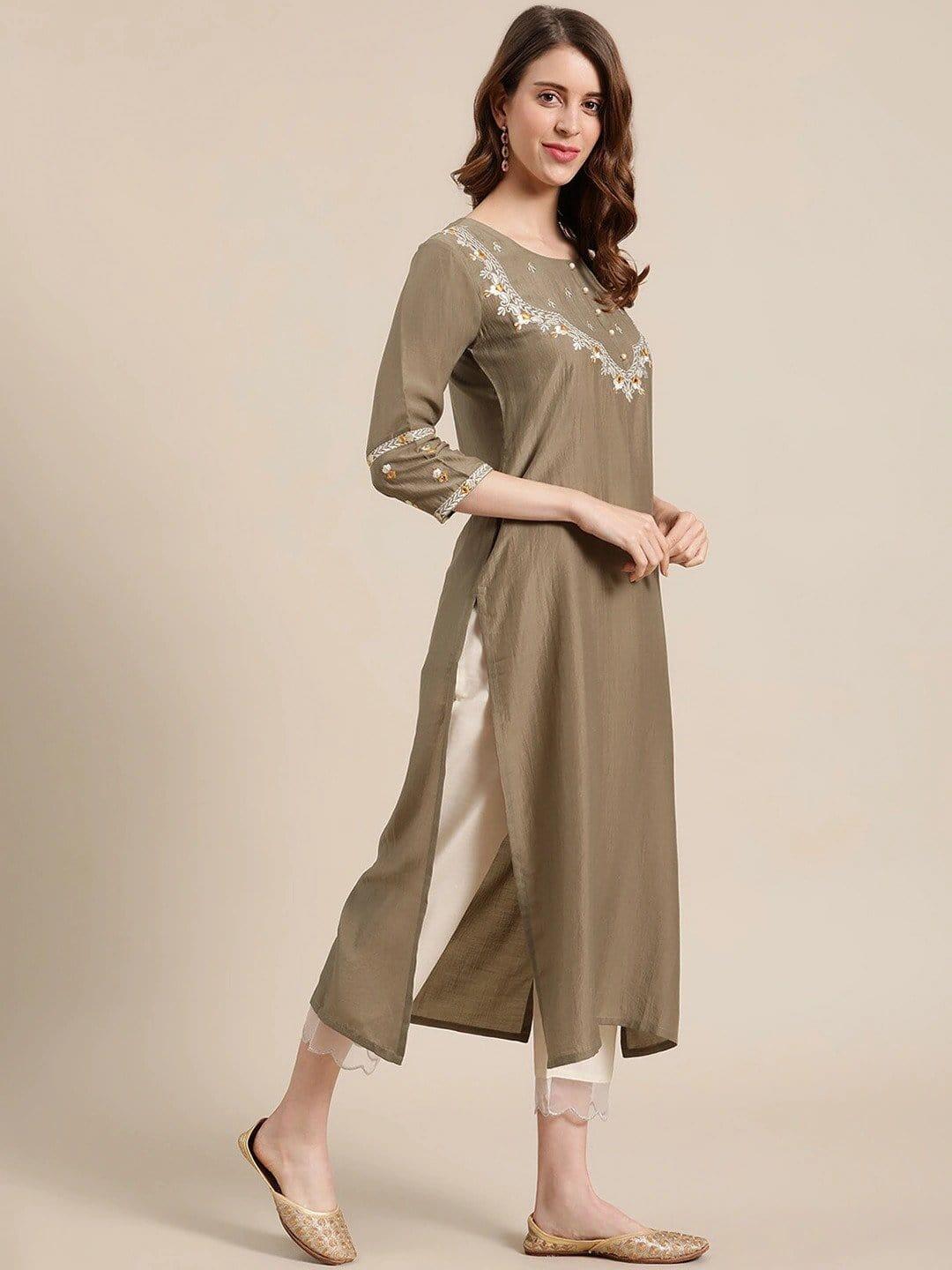 Olive Floral Embroidered Kurta with Trousers - Indiakreations