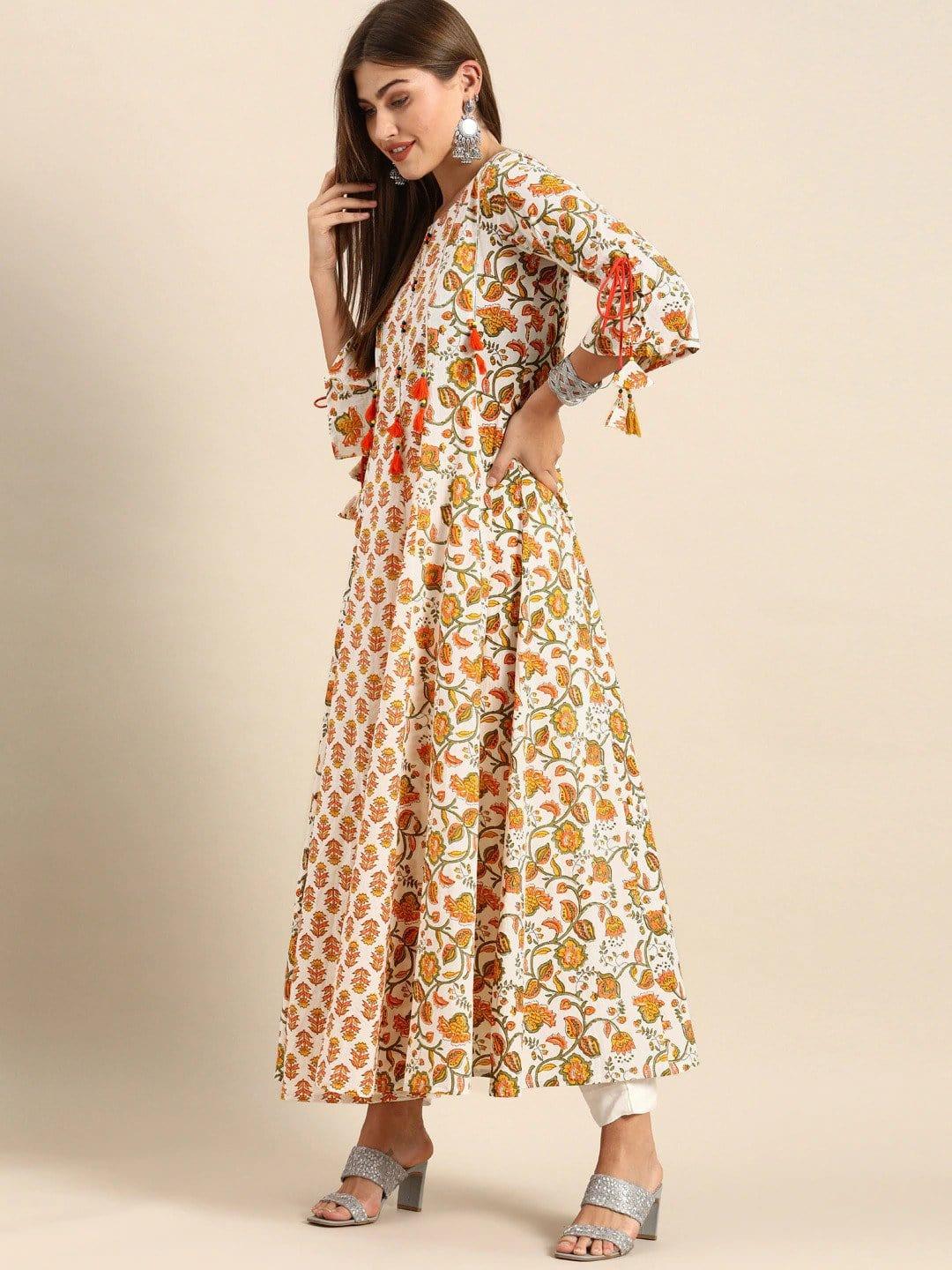 White & Orange Ethnic Motifs Printed Bell Sleeves Kurta - Indiakreations