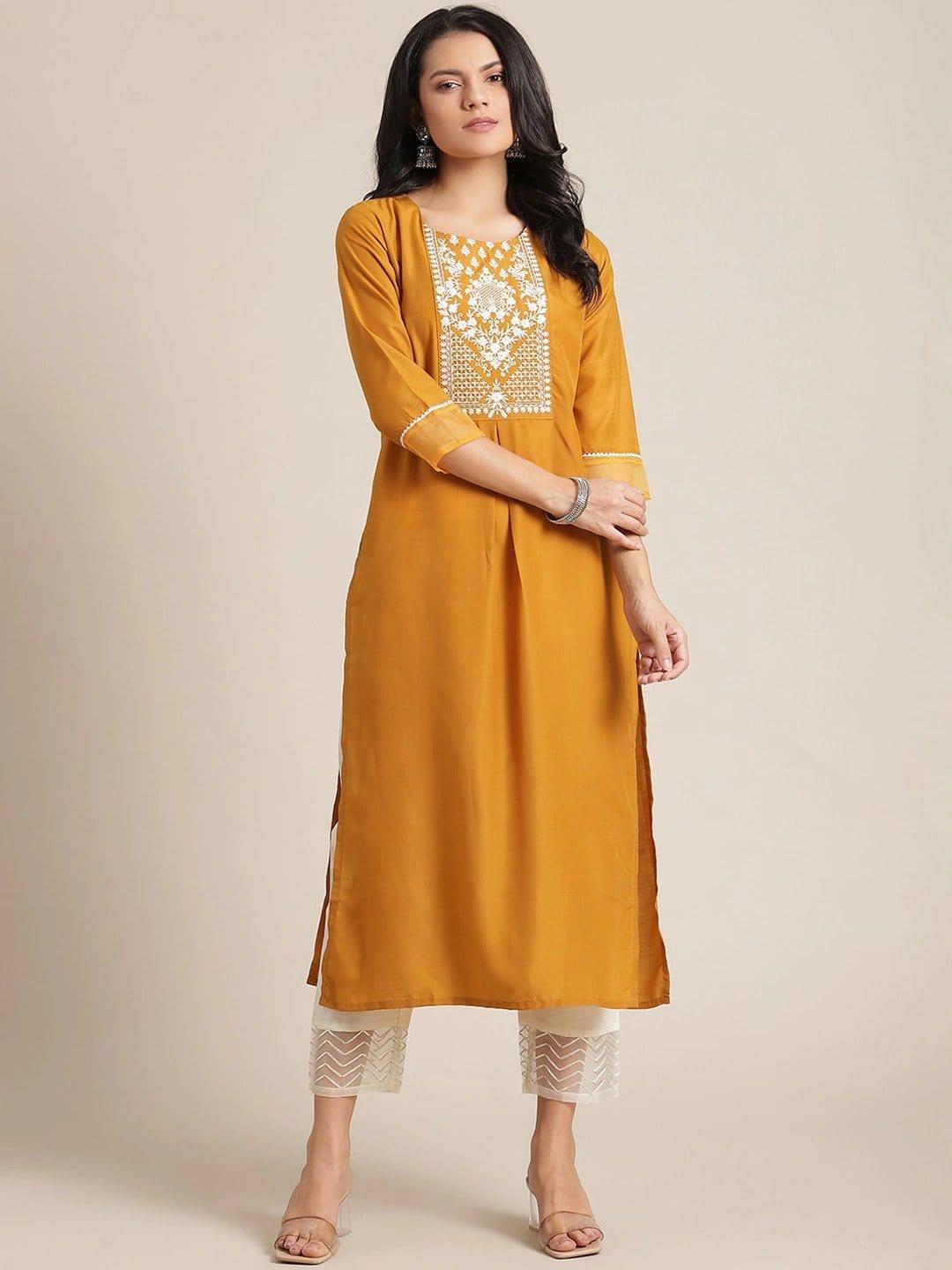 Mustard Yellow Yoke Design Kurti With Trousers - Indiakreations