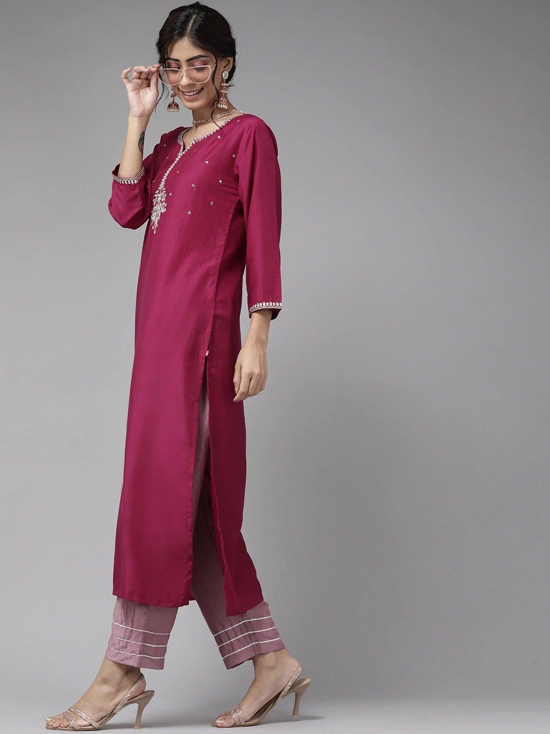 Magenta Pink Yoke Design Kurta with Trousers & Dupatta - Indiakreations