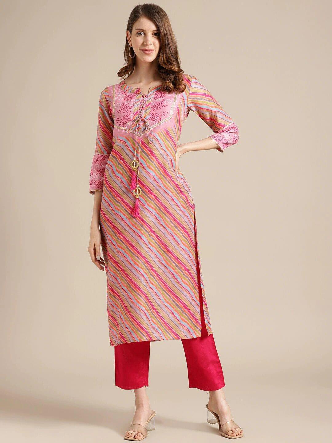 Pink & Red Striped Gotta Patti Kurta - Indiakreations