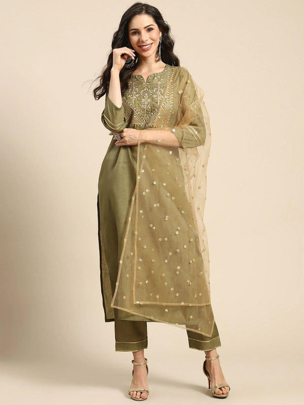 Olive Green & Golden Embroidered Kurta with Trousers & Dupatta - Indiakreations