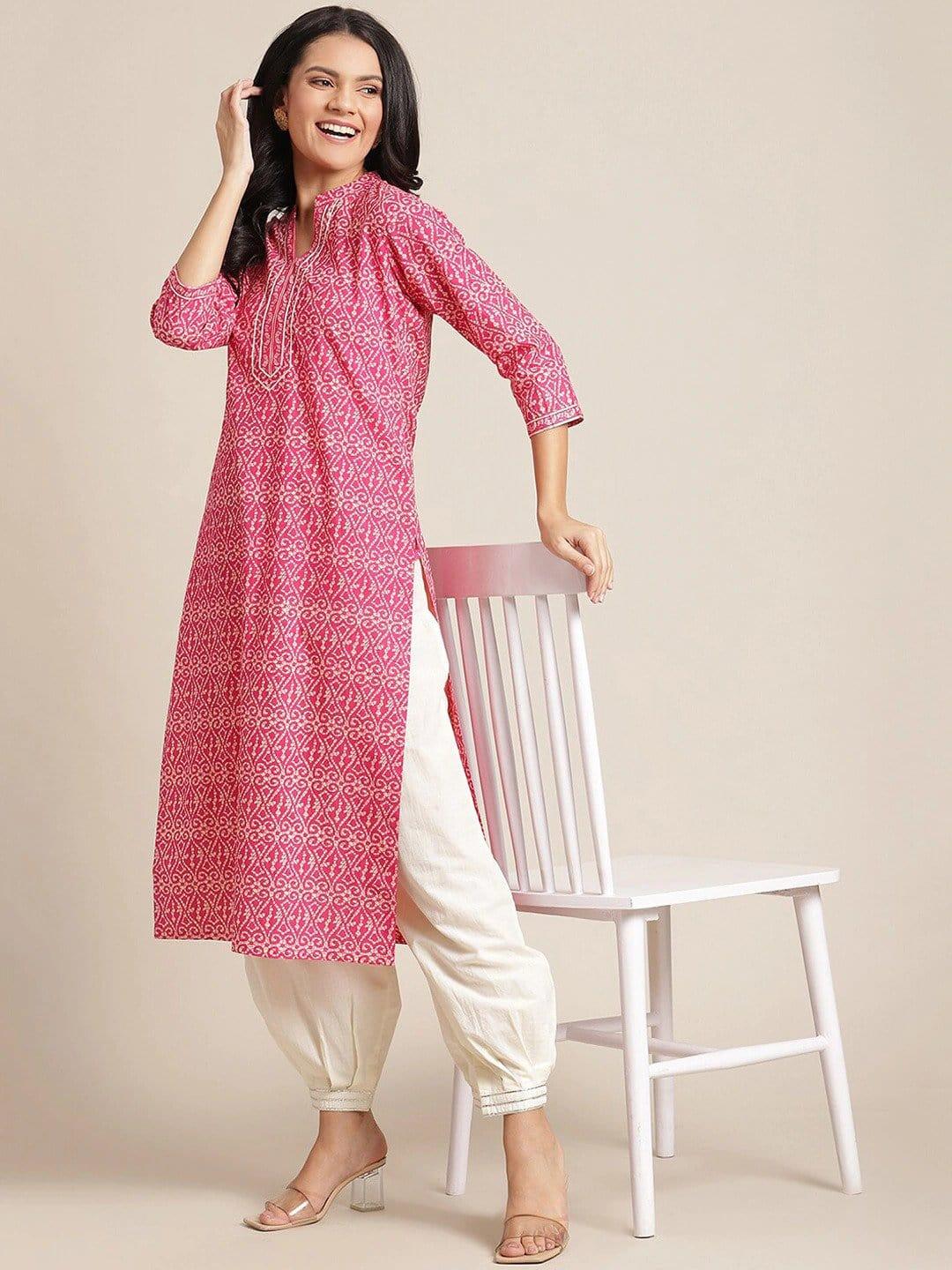 Pink & White Ethnic Motifs Printed Gotta Patti Kurta - Indiakreations