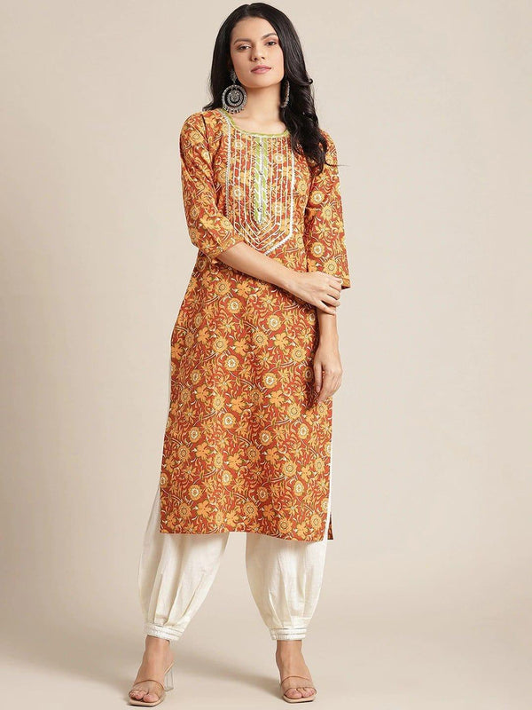 Mustard Yellow & Orange Ethnic Motifs Printed Kurta - Indiakreations