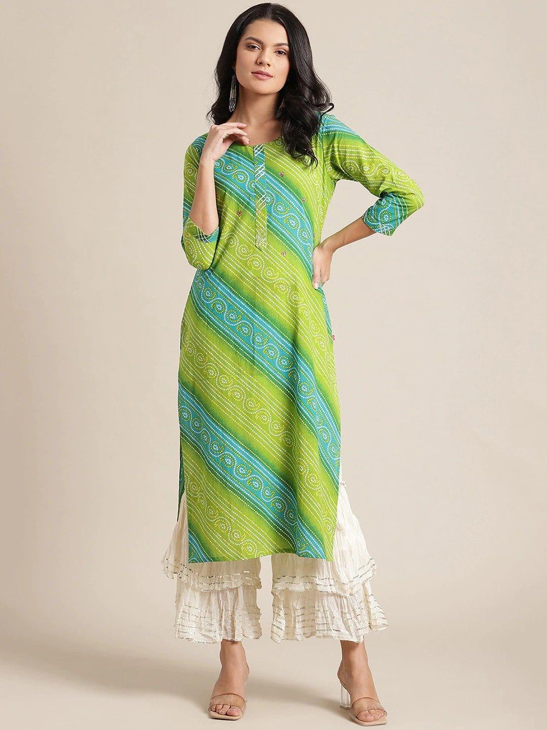 Lime Green Bandhani Printed Gotta Patti Kurta - Indiakreations