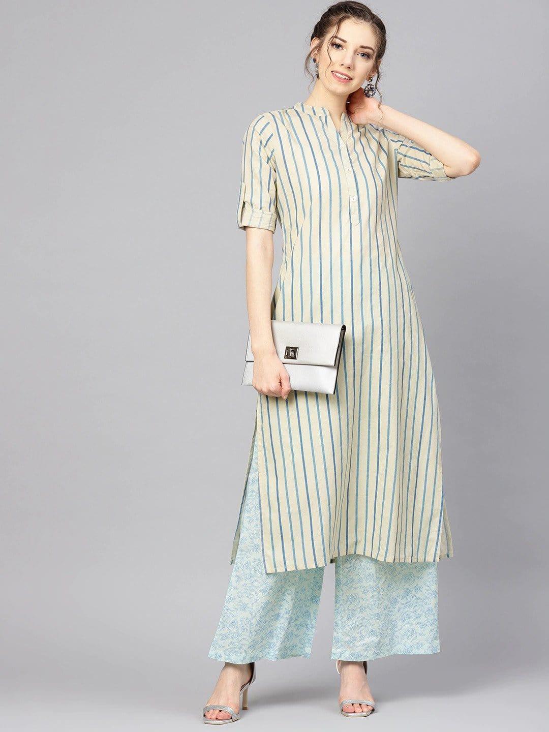 Beige & Blue Striped Kurta with Palazzos - Indiakreations