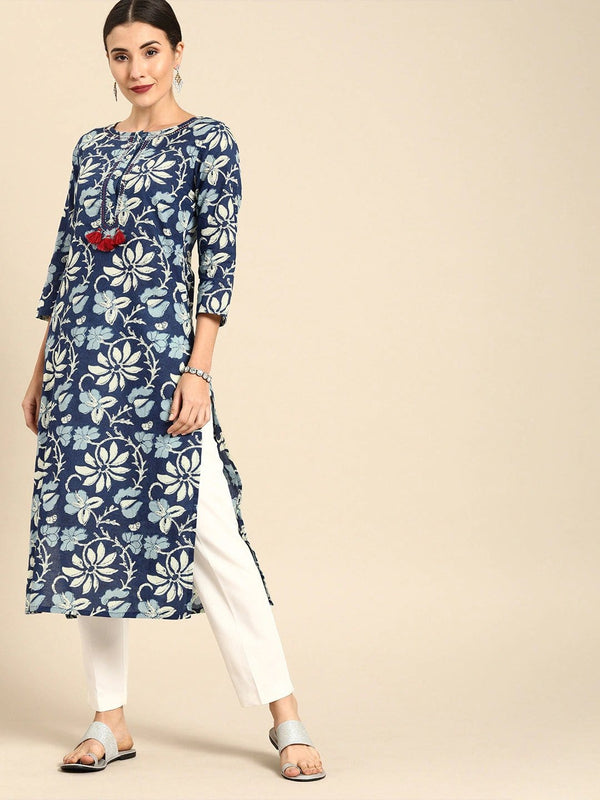 Women's Navy Blue & Off-White Floral Print Straight Kurta - Varanga