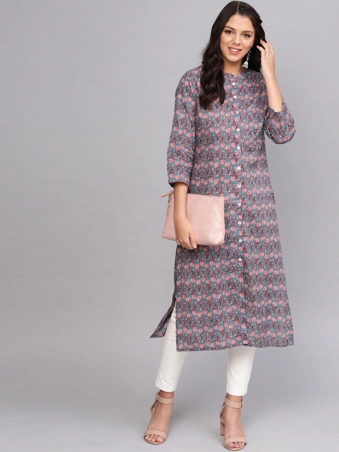 Grey Ethnic Motifs Printed Thread Work Kurta - Indiakreations