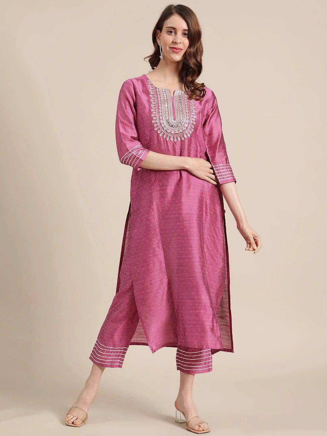 Pink Yoke Design Regular Straight Thread Work Kurta & Palazzos - Indiakreations