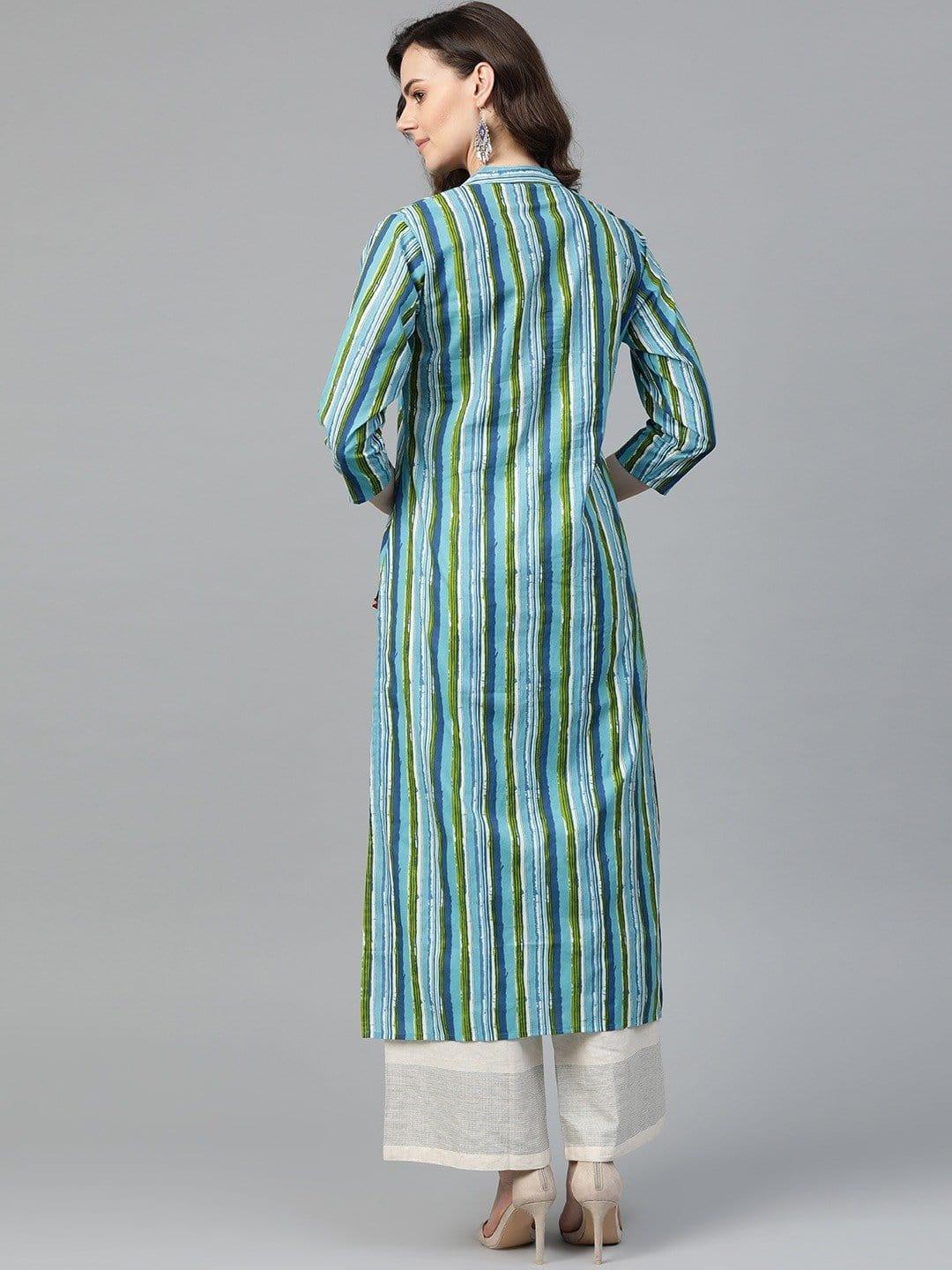 KSUT Blue & Green Striped Straight Kurta - Indiakreations