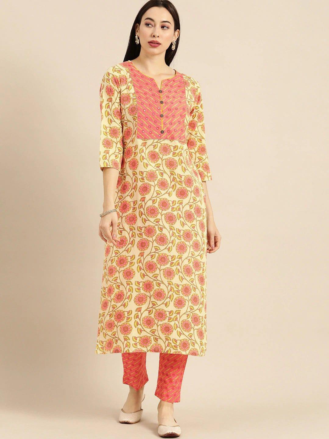 Beige & Peach-Coloured Printed Kurta with Trousers - Indiakreations