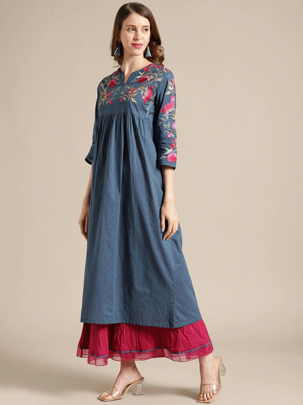 Women's Blue Floral Yoke Design Kurta - Varanga