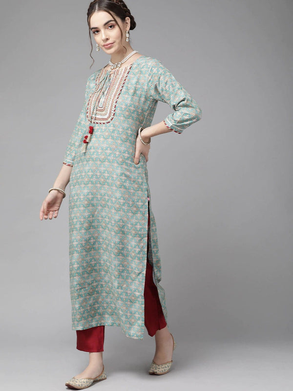 Women's Blue & Beige Ethnic Motifs Printed Gotta Patti Kurta - Varanga