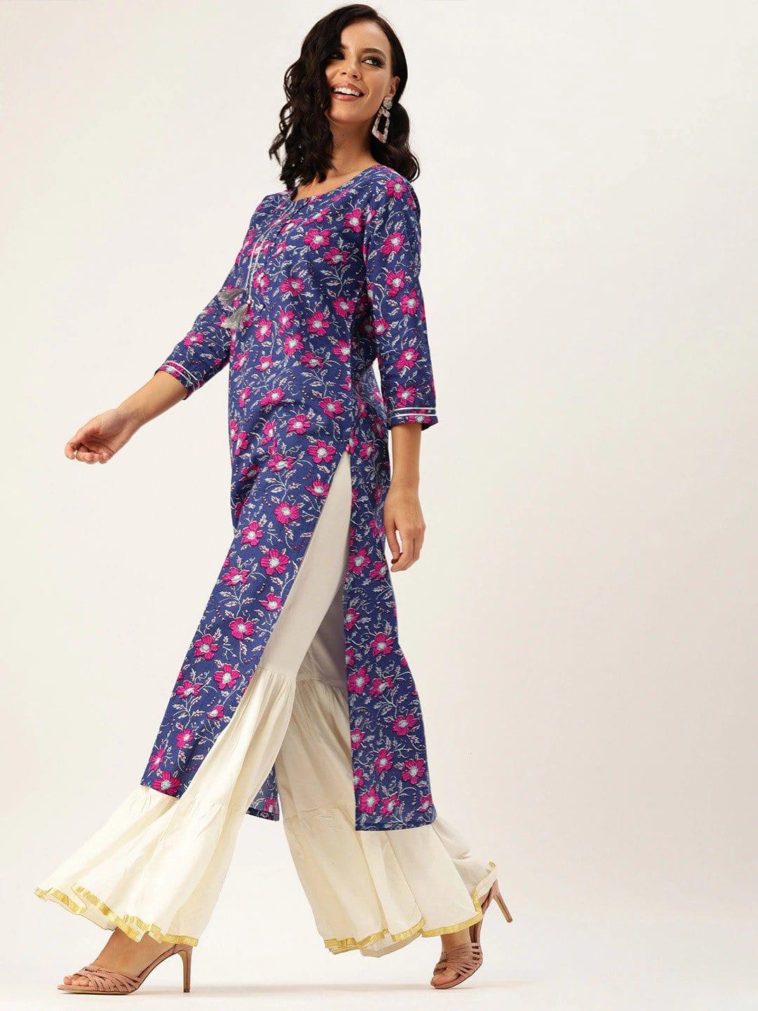 Navy Blue & Pink Floral Printed Straight Kurta - Indiakreations