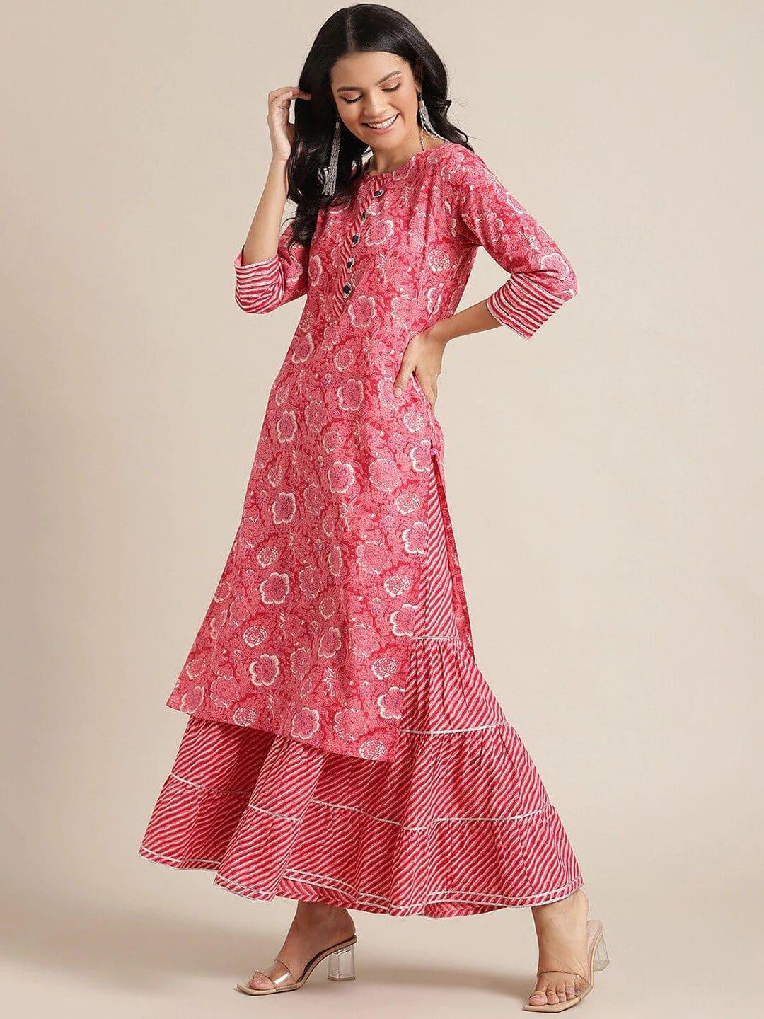 Pink Ethnic Motifs Printed Panelled Kurta With Skirt - Indiakreations