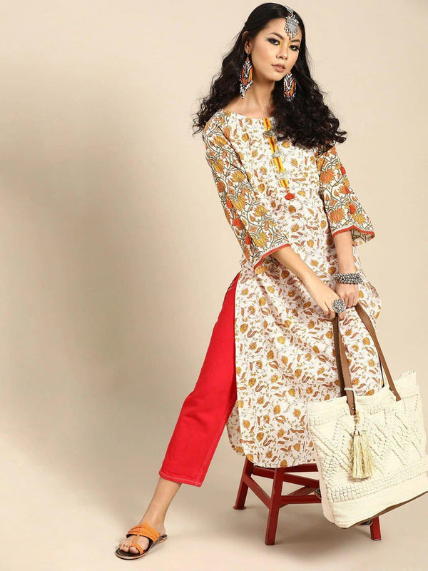 White & Orange Ethnic Motifs Printed Cotton Flared Sleeves Kurta - Indiakreations