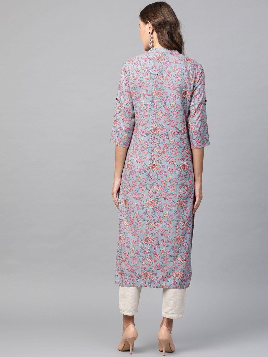 KSUT Grey & Pink Printed Straight Kurta - Indiakreations