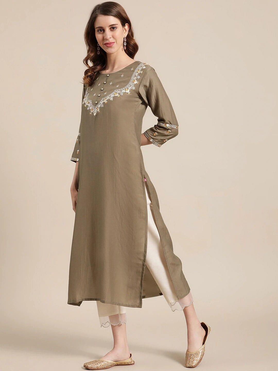 Olive Floral Embroidered Kurta with Trousers - Indiakreations