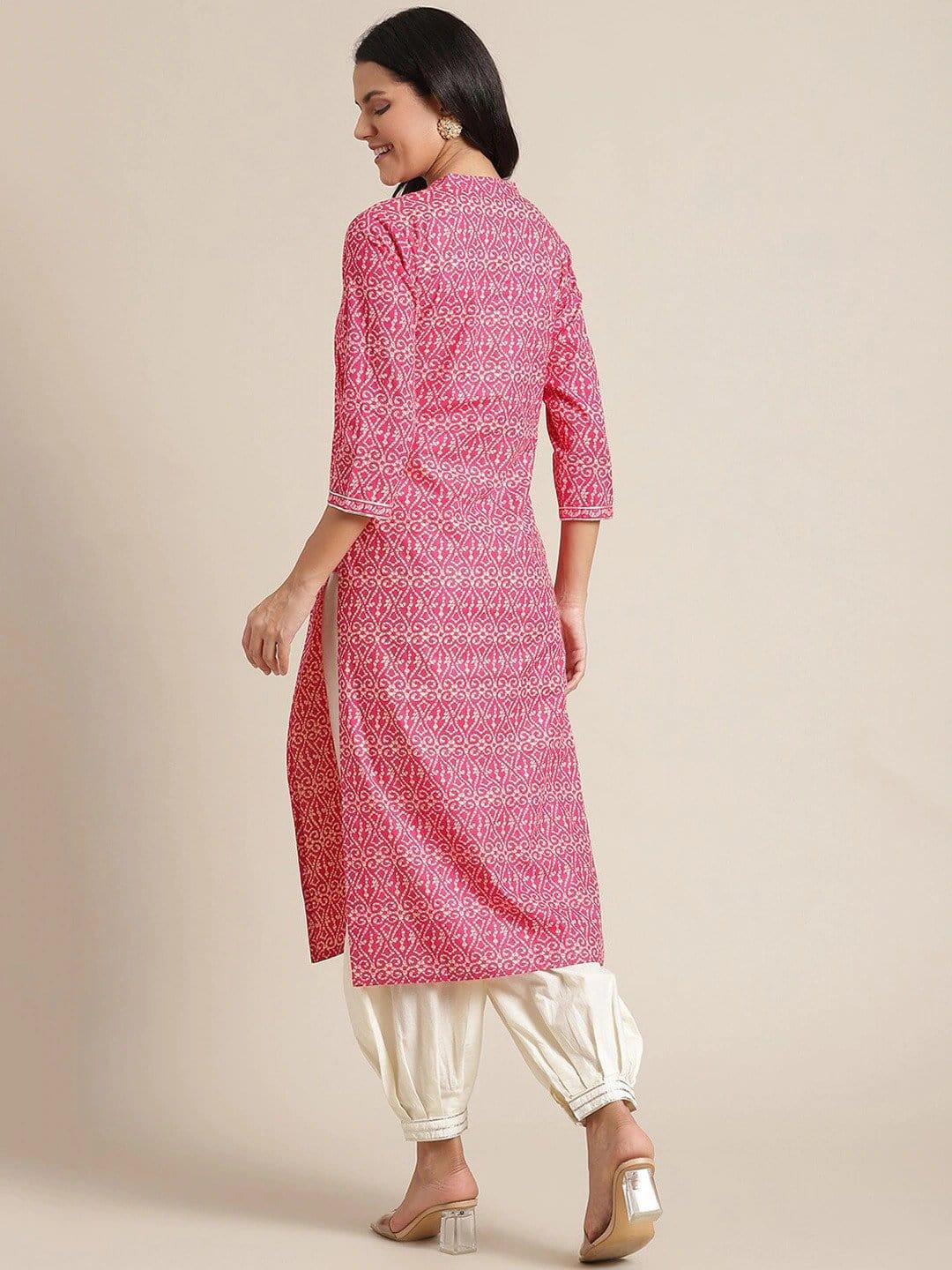 Pink & White Ethnic Motifs Printed Gotta Patti Kurta - Indiakreations