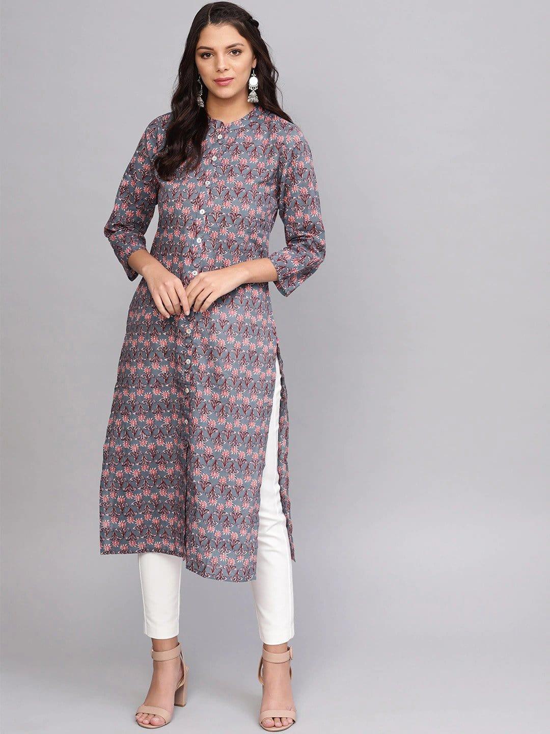 Grey Ethnic Motifs Printed Thread Work Kurta - Indiakreations