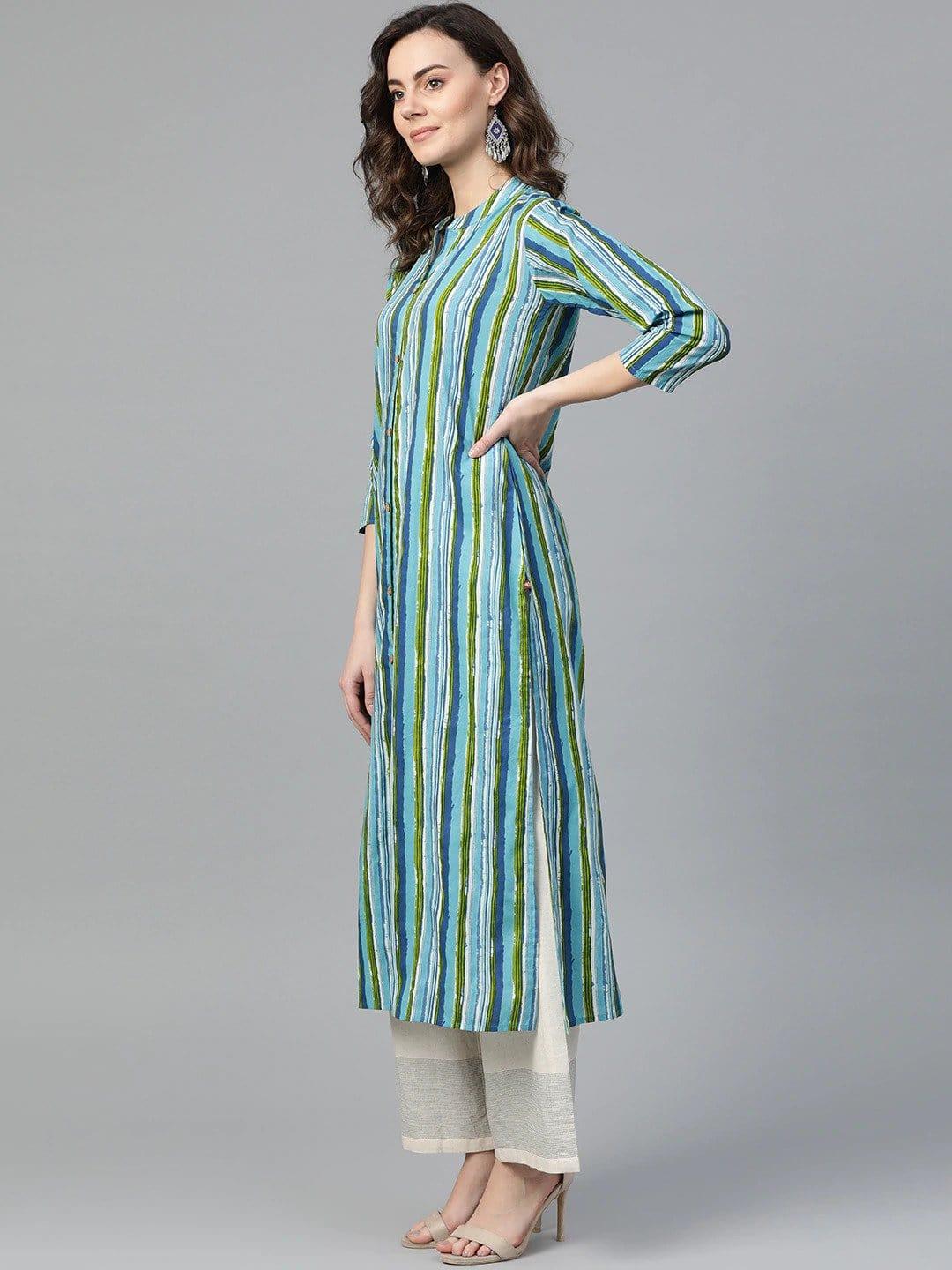 KSUT Blue & Green Striped Straight Kurta - Indiakreations