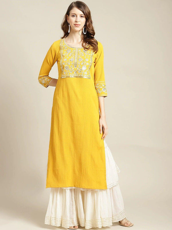 Mustard Yellow & Off White Embellished Keyhole Neck Thread Work Crepe Kurta - Indiakreations