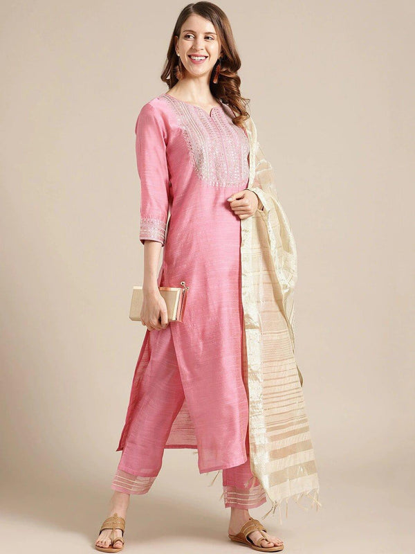 Pink & Gold Coloured Yoke Design Kurta With Trousers & Dupatta - Indiakreations