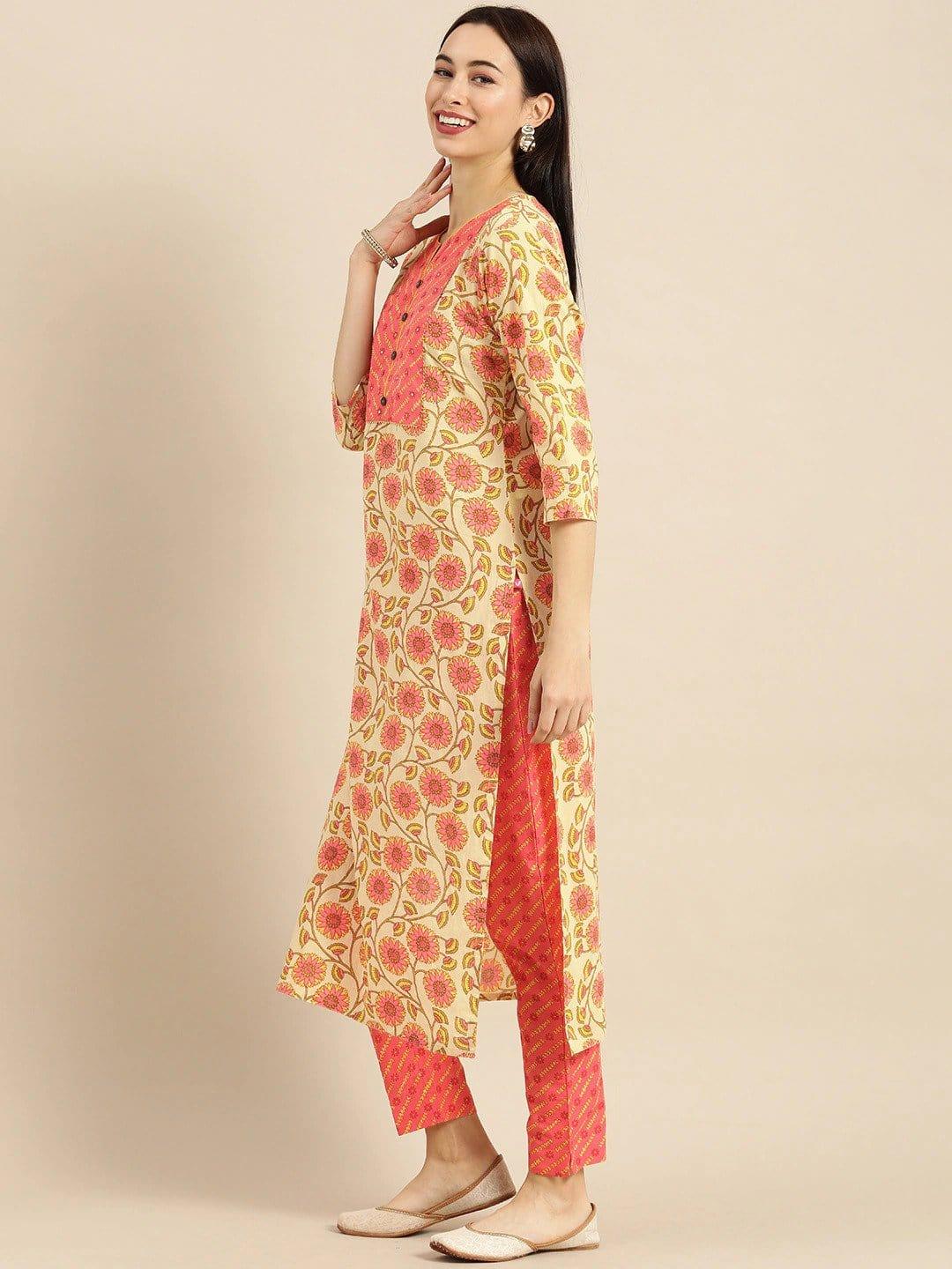 Beige & Peach-Coloured Printed Kurta with Trousers - Indiakreations