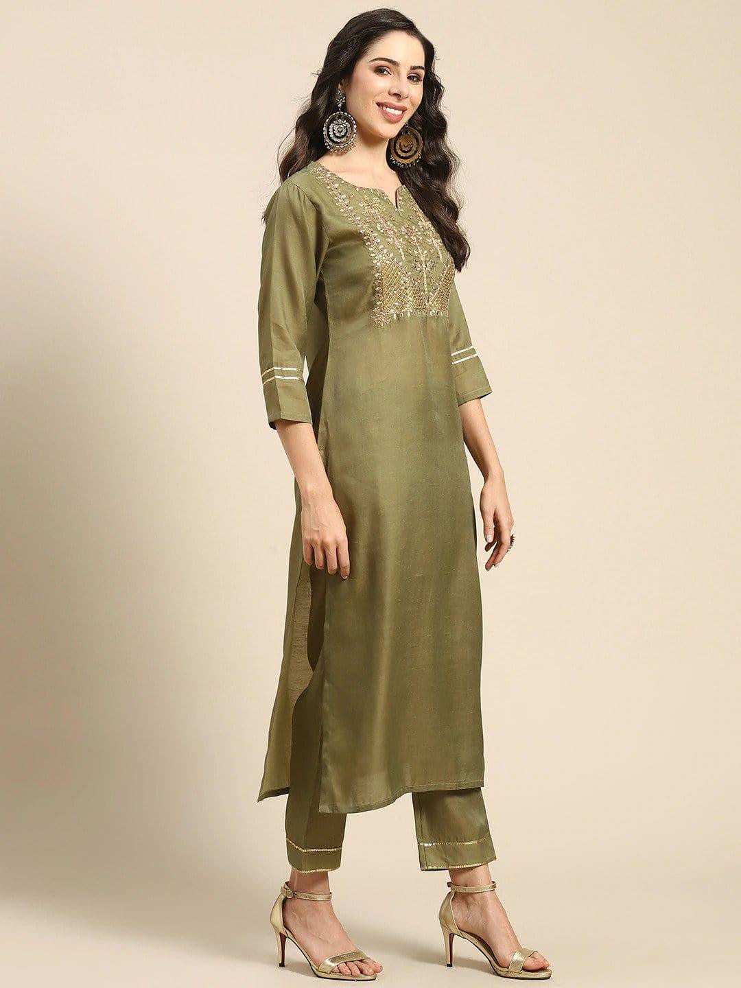 Olive Green & Golden Embroidered Kurta with Trousers & Dupatta - Indiakreations