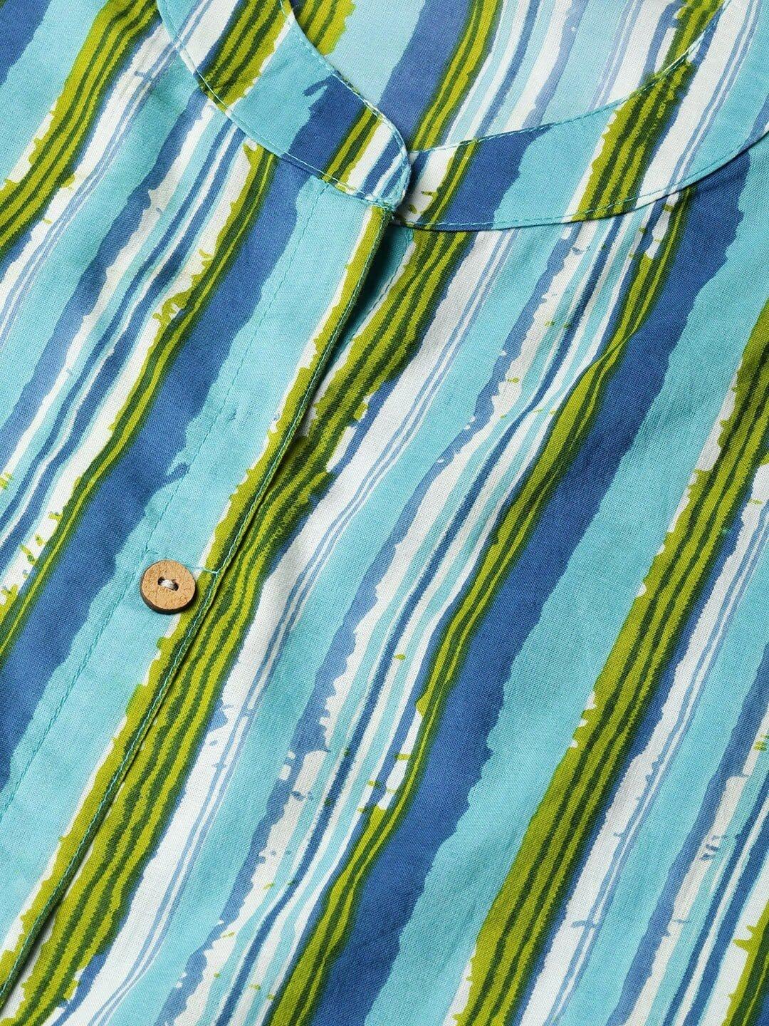 KSUT Blue & Green Striped Straight Kurta - Indiakreations