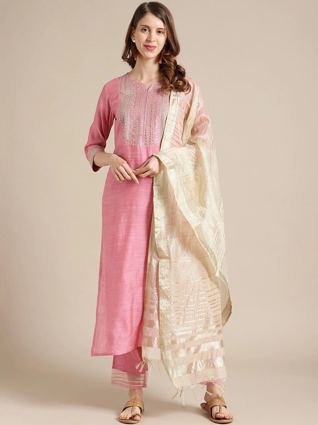 Pink & Gold Coloured Yoke Design Kurta With Trousers & Dupatta - Indiakreations