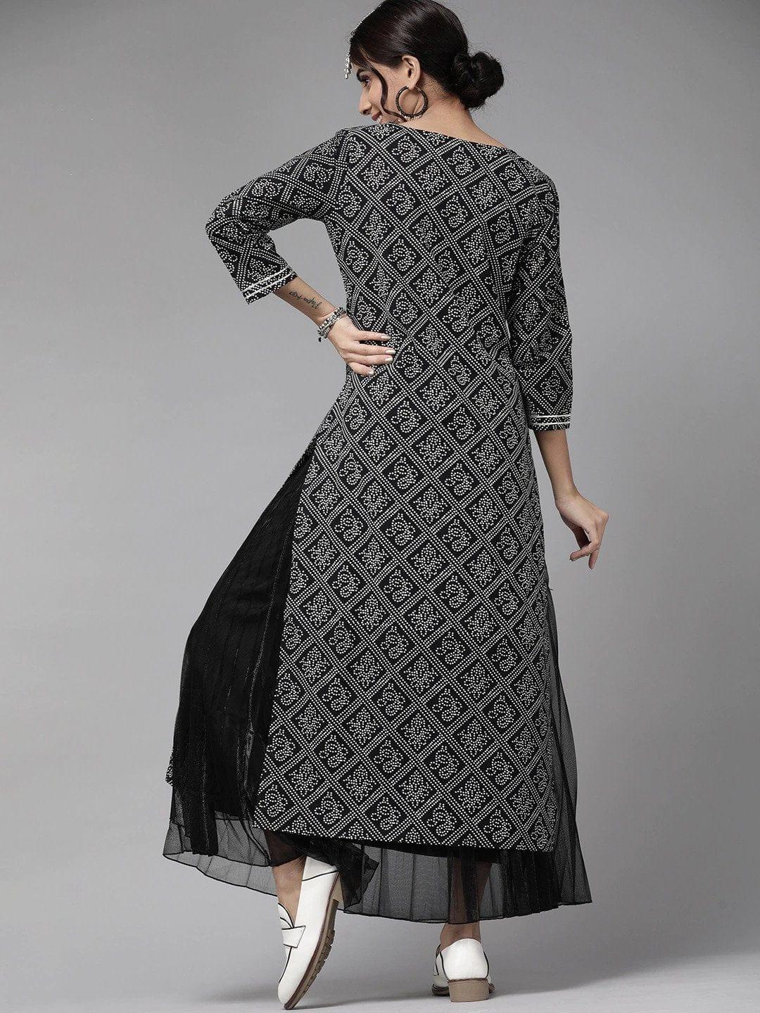 Black & White Bandhani Printed Pure Cotton Gotta Patti Kurta - Indiakreations