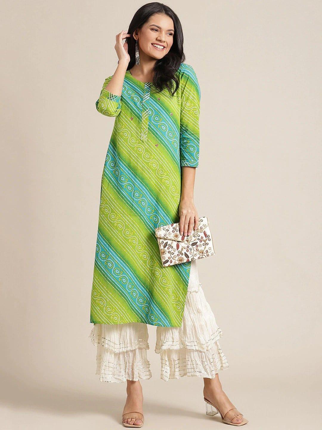 Lime Green Bandhani Printed Gotta Patti Kurta - Indiakreations