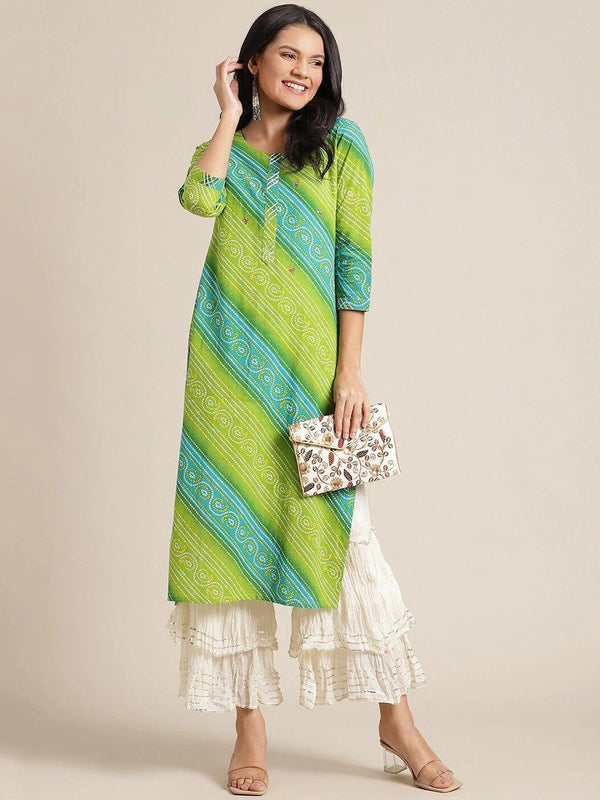 Lime Green Bandhani Printed Gotta Patti Kurta - Indiakreations