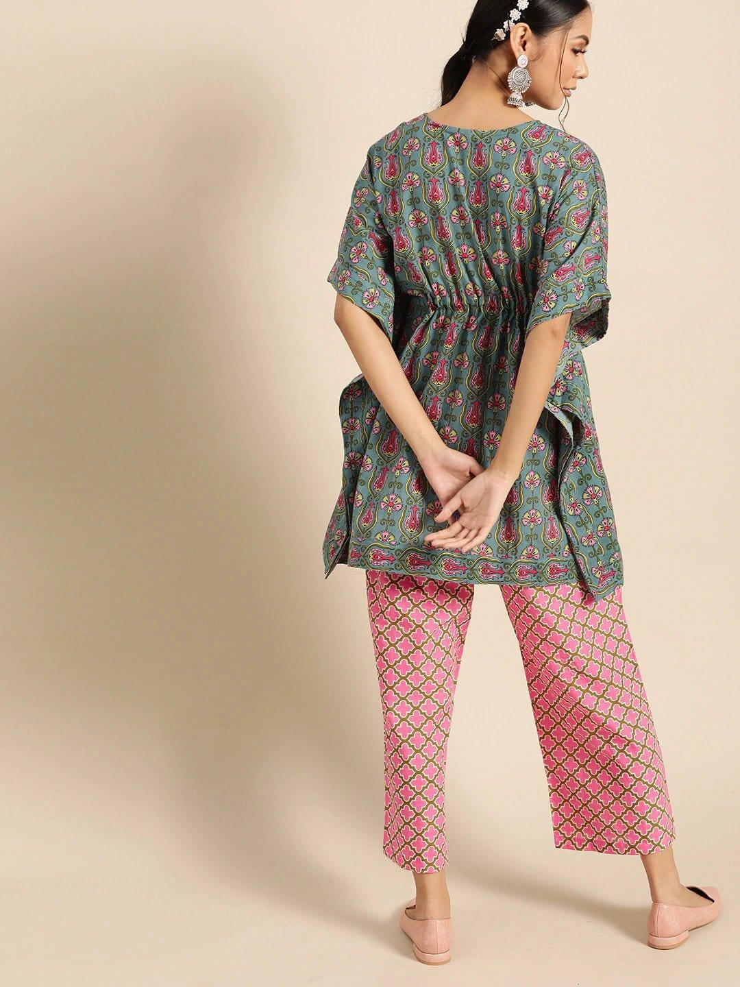 Blue & Pink Pure Cotton Printed Tunic with Palazzos - Indiakreations