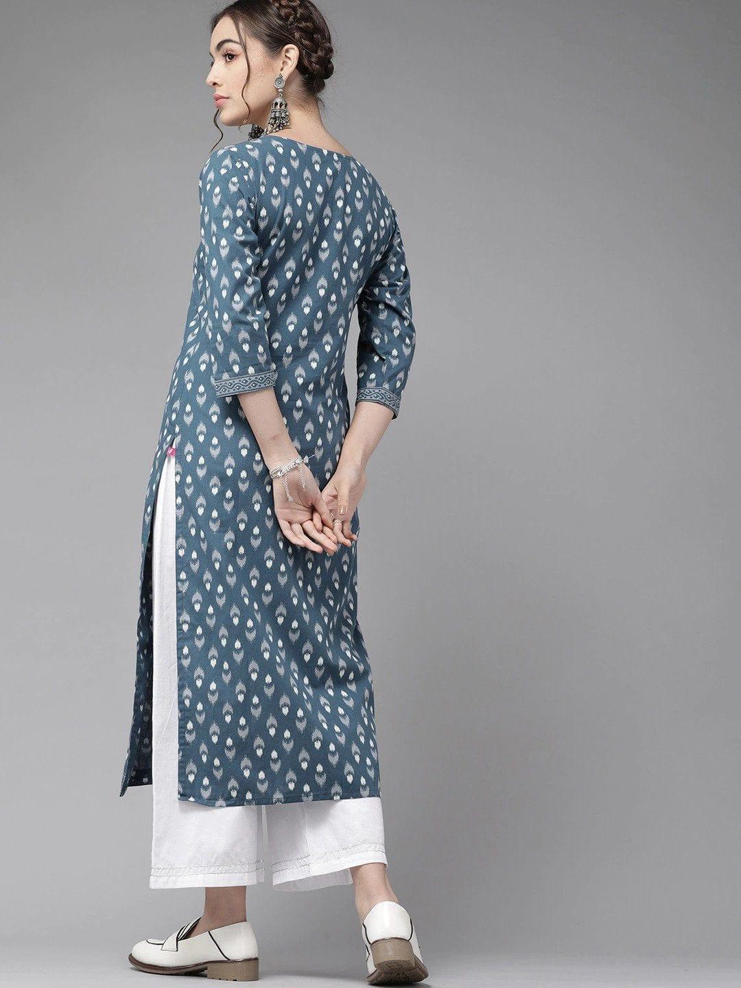 Blue Ethnic Motifs Printed Kurta with Trousers - Indiakreations