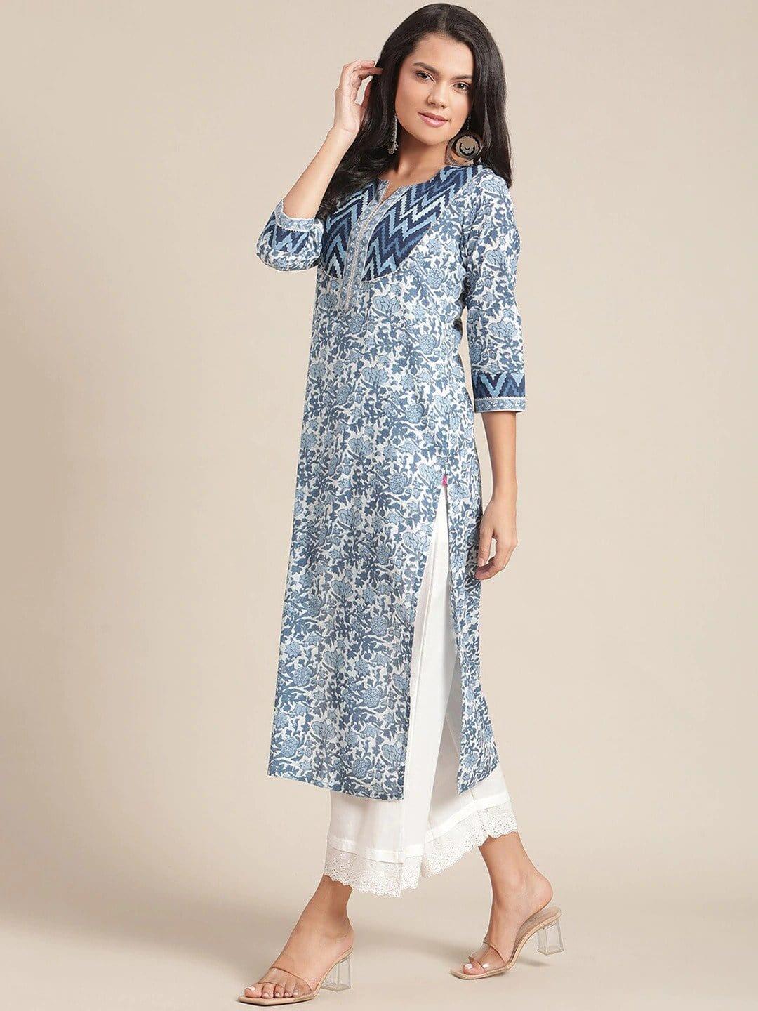 Blue Ethnic Motifs Printed Kurta - Indiakreations