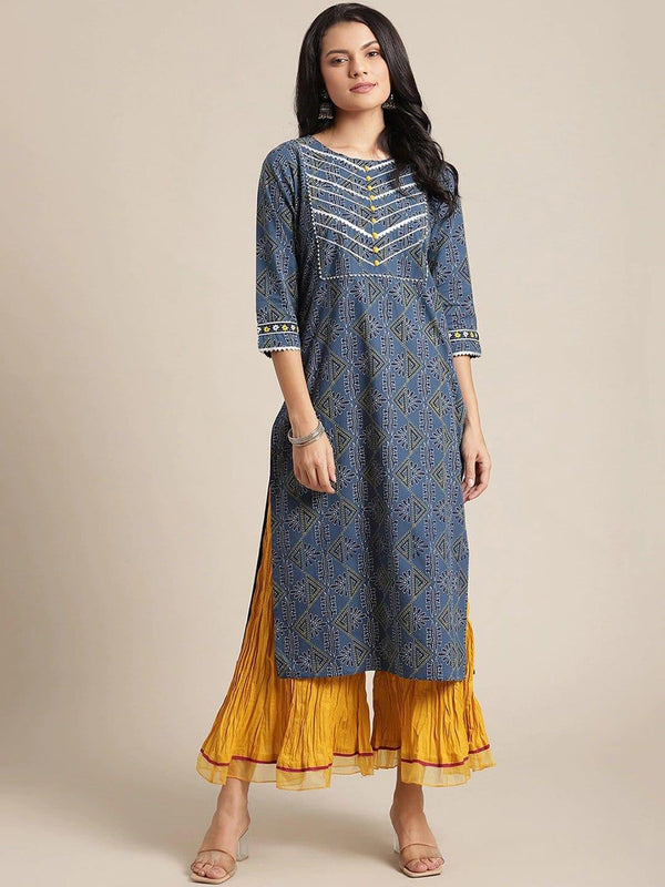 Navy Blue Ethnic Motifs Printed Straight Kurta - Indiakreations