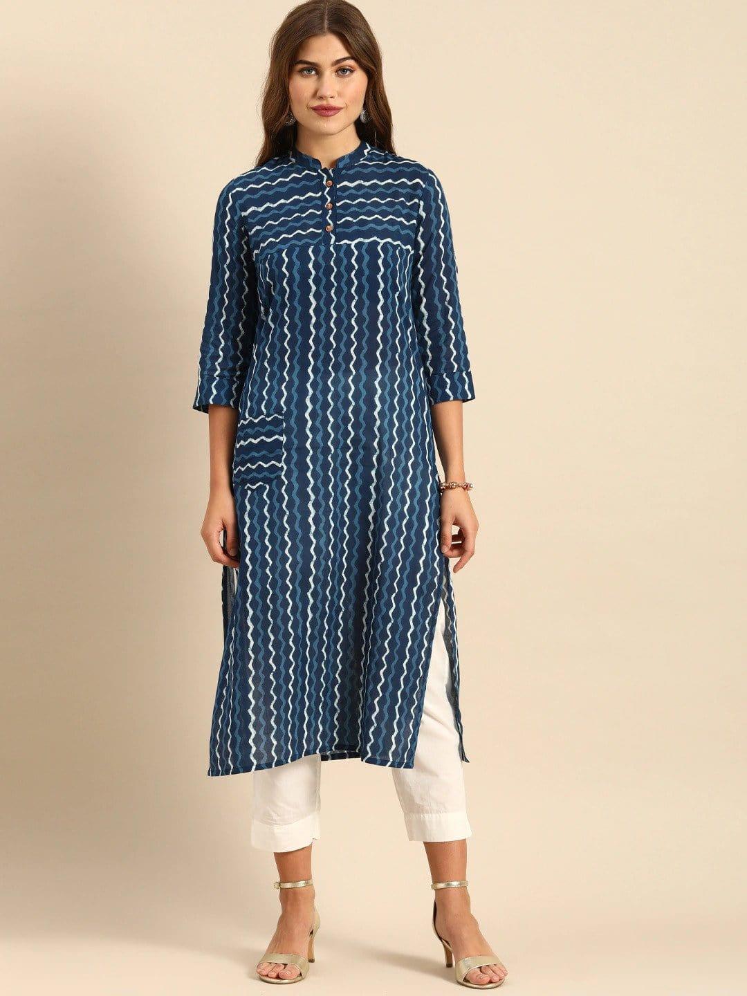 Blue & White Leheriya Printed Kurta - Indiakreations